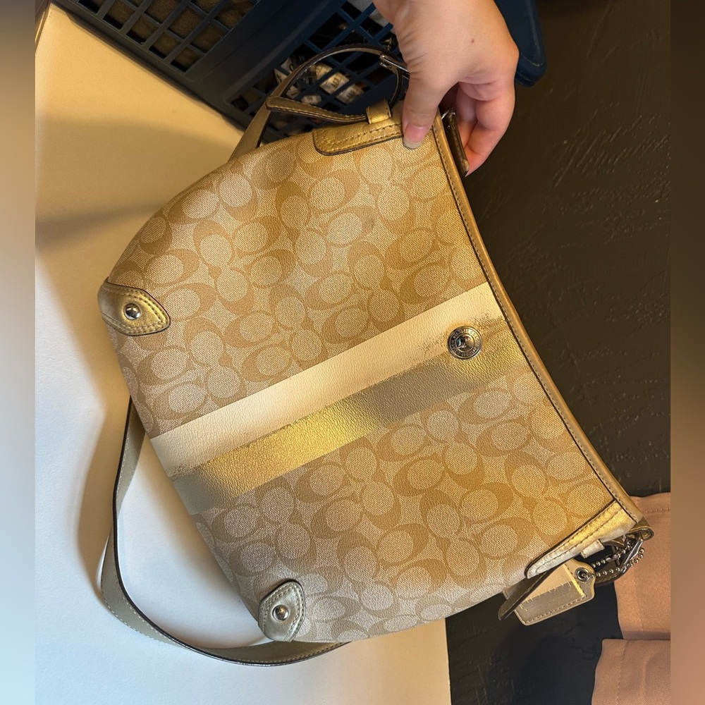 Coach Bag- Cream C Logo With Stripe- Red Interior